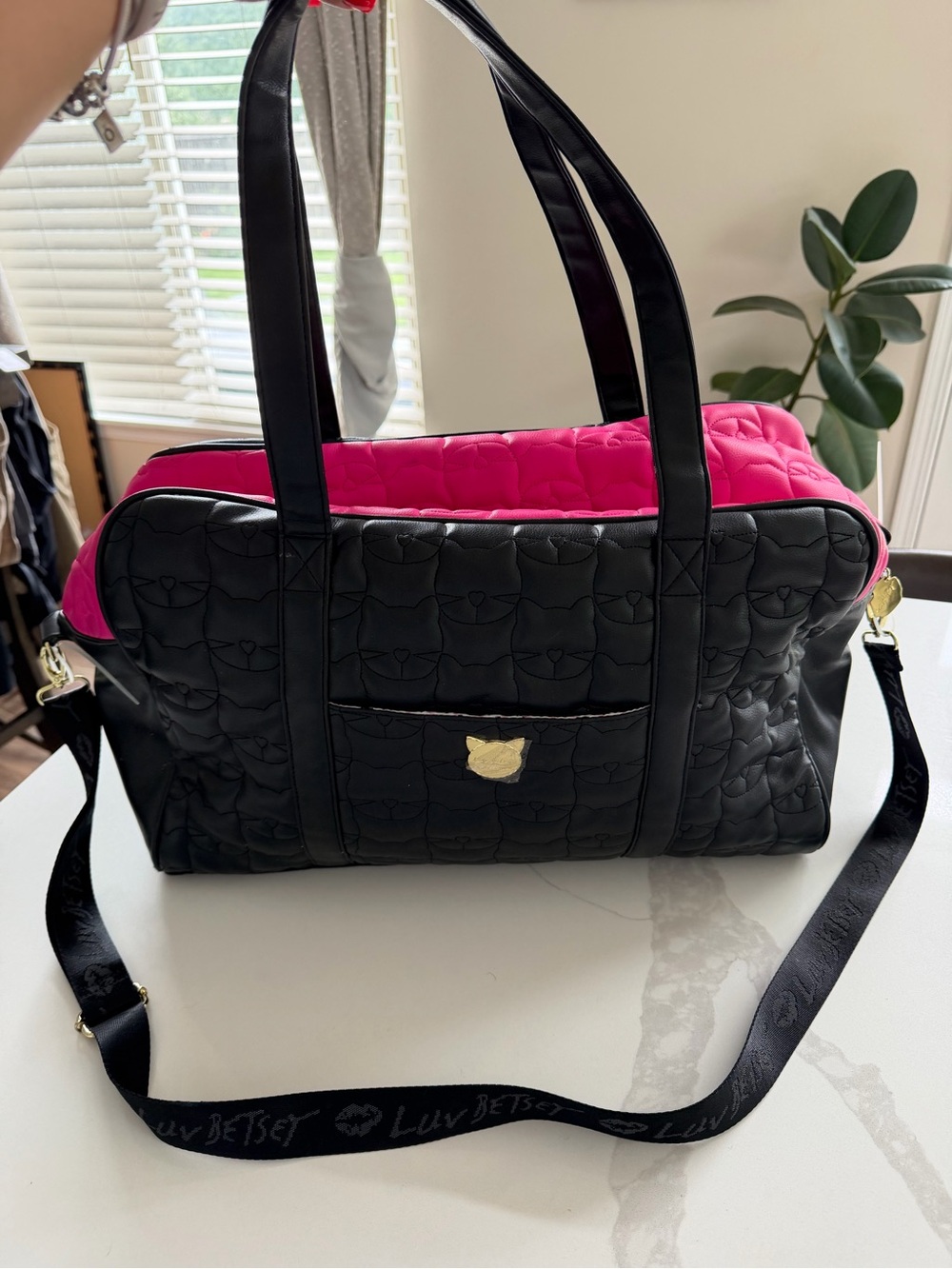 Betsey Johnson Cat Weekender Bag Black with pink straps Travel Bag